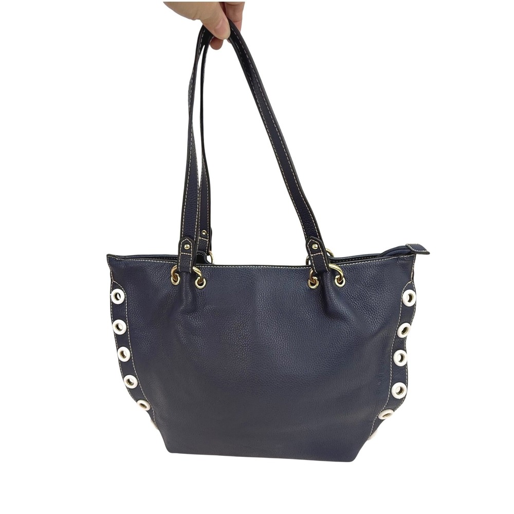 Chico's Navy Blue Pebbled Vegan Leather Tote Shoulder Bag Purse Nautical Coastal
